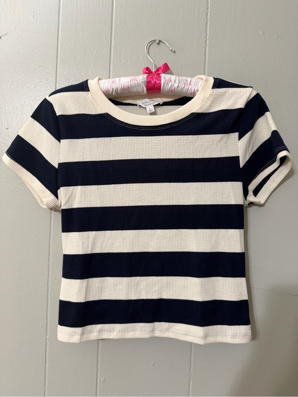 Kirious Los Angeles Striped Waffle Knit Cropped Tee Size Large Navy White